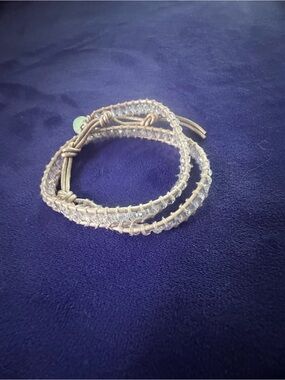 Victoria Emerson Beige Leather Wrap Bracelet with Clear Beads